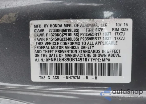 2016 Honda Odyssey Se z USA, uszkodzony, nr VIN 5FNRL5H39GB149187